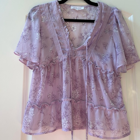 Pink Rose baby doll tiered v neck top. Floral and ruffles. Lace. Fairy. Cottage - Picture 1 of 9